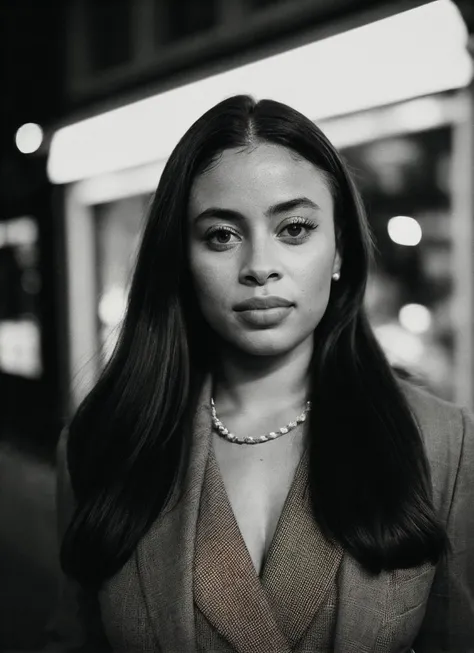 candid RAW close up portrait photo of sks woman in a (purple colored suit:1.0) on a dark street with shopping windows (at night:1.2), bokeh, Ilford Delta 3200 film, dof, high definition, detailed, intricate, flashlight, <lora:locon_icespice_v1_from_v1_64_32:1>