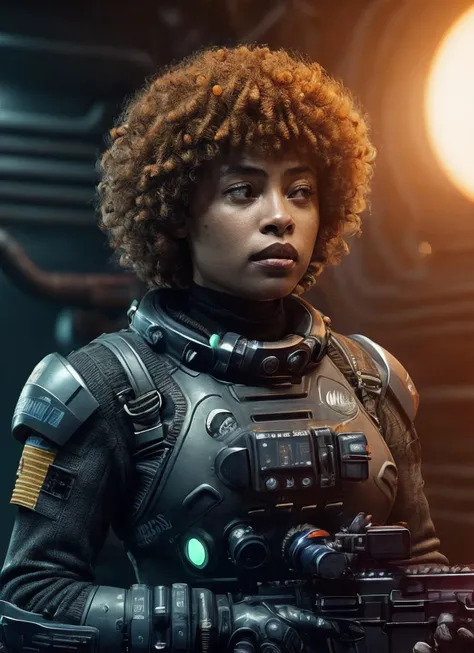 close up photo of sks woman, rugged space trucker, inside industrial spaceship, futuristic science fiction, action scene, digital concept art, realistic, intricate detailed textures, filmic, cinematic, environmental character portrait, <lora:locon_icespice_v1_from_v1_64_32:1.25>