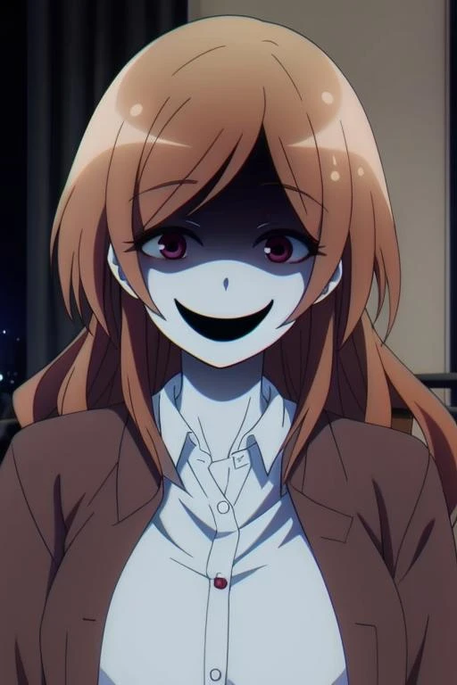 <lora:Dark Gathering - Eiko Hozuki:0.6> masterpiece, best quality, ultra quality, 1girl, Eiko Hozuki, brown hair, long hair, smiling, inside apartment at night, creepy, low lighting, menacing, horror