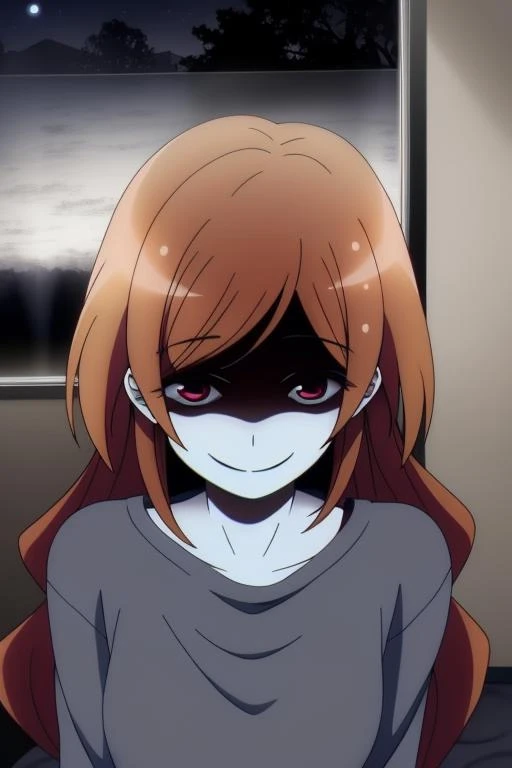 <lora:Dark Gathering - Eiko Hozuki:0.6> masterpiece, best quality, ultra quality, 1girl, Eiko Hozuki, brown hair, long hair, smiling, inside apartment at night, creepy, no lighting, menacing,