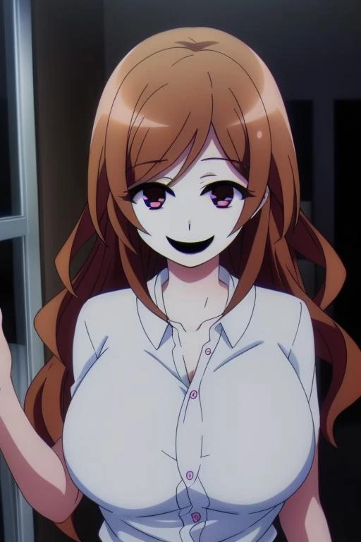 <lora:Dark Gathering - Eiko Hozuki:0.6> masterpiece, best quality, ultra quality, 1girl, big breast, Eiko Hozuki, brown hair, long hair, smiling, inside apartment at night, creepy, low lighting, menacing, dark room