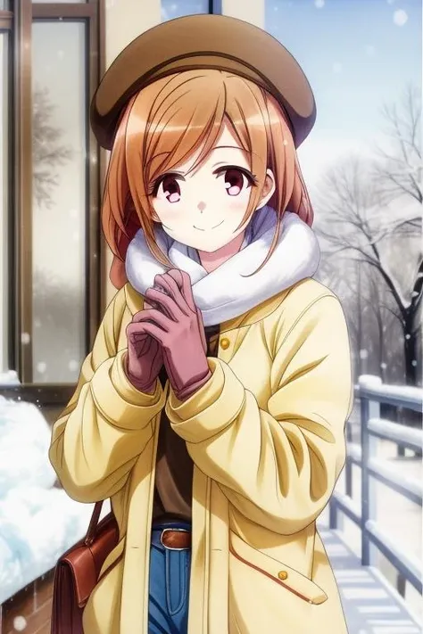 <lora:Dark Gathering - Eiko Hozuki:0.6> masterpiece, best quality, ultra quality, 1girl, Eiko Hozuki, brown hair, smiling, winter, wearing hats, gloves <lora:add_detail:1>