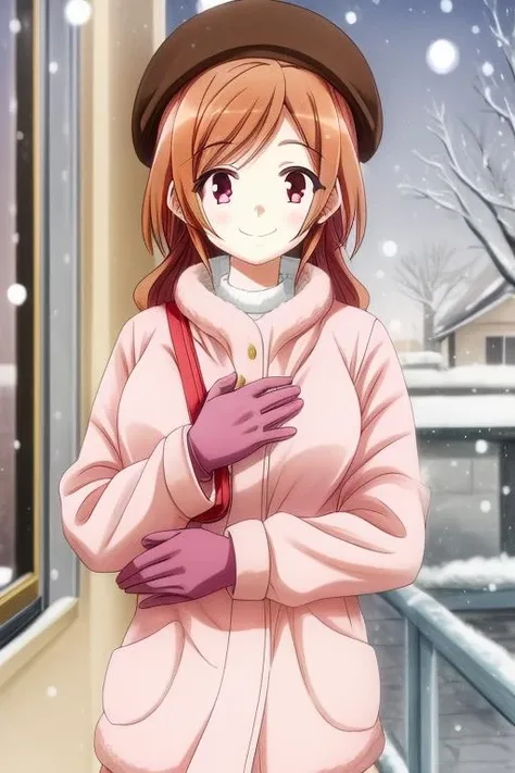 <lora:Dark Gathering - Eiko Hozuki:0.6> masterpiece, best quality, ultra quality, 1girl, Eiko Hozuki, brown hair, smiling, winter, wearing hats, gloves <lora:add_detail:1>