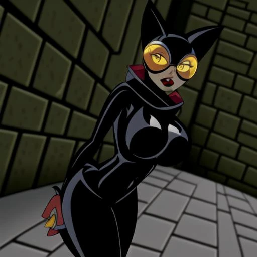 breasts, goggles, solo, tail, looking at viewer, wall, lipstick, yellow eyes, large breasts