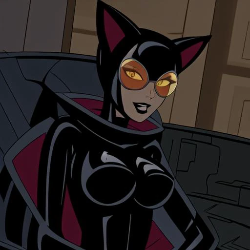 breasts, parted lips, animal ears, black lips, high collar, open mouth, smile, bodysuit, solo