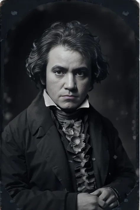 <lora:ludw1gvb33th0v3n_v1.0:0.9>,  <lora:lowra_v10:1>, a ((vintage 1850 Daguerreotype picture:1.1)) of a man with a messy hair style, wearing a suit, (Out of focus), romanticism, ambrotype, tintype photograph, calotype, damaged, (scratches:1.1), ((dark Sepia tone)),