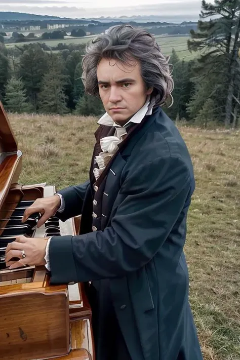 <lora:ludw1gvb33th0v3n_v1.0:0.8>, a realistic photo of a man with a messy hair style, wearing 1801 suit, ((playing a grand piano)), detailed face, perfect eyes, (highly detailed skin:1.1), 8k, intricate, Soft lighting, Dramatic Sunrise, standing in a country field, volumetric fog, RAW, analog style, sharp focus, 8k, DSLR, high quality, Fujifilm XT3, grain, award winning, masterpiece,
