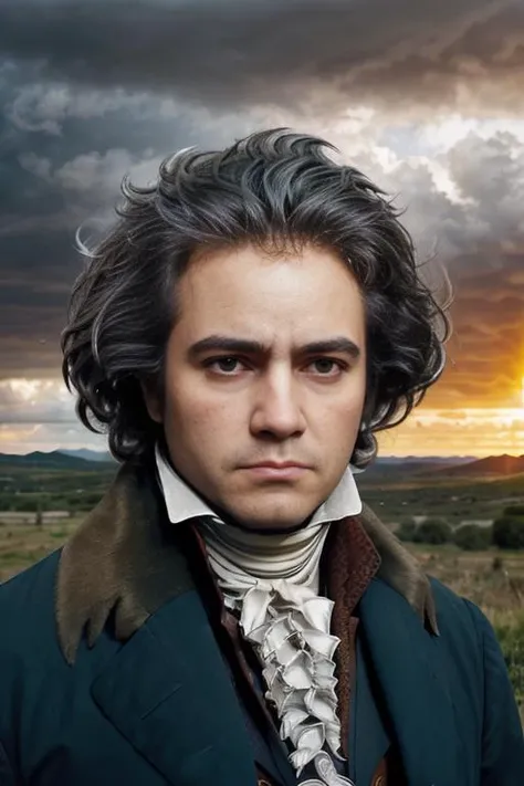 <lora:ludw1gvb33th0v3n_v1.0:0.8>, a realistic full body portrait of a man with a messy hair style, wearing 1801 suit, with dark RayBan Sunglasses, detailed face, perfect eyes, (highly detailed skin:1.1), 8k, intricate, Soft lighting, male focus, solo, Sunset, dramatic thunderstorm cloudy sky, lightning, standing in a vast open country field, masterpiece, best quality, sharp focus, 8k, HD, DSLR, high quality , award winning