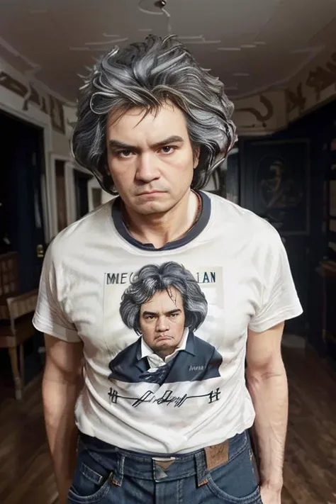<lora:ludw1gvb33th0v3n_v1.0:0.9>, a realistic photo of a man with a messy hair style, ((wearing a Beethoven T-Shirt and jeans)), standing in fancy Palace Room, detailed face, perfect eyes, (highly detailed skin:1.1), 8k, intricate, Soft lighting, Sunny, RAW, analog style, sharp focus, 8k, DSLR, high quality, Fujifilm XT3, grain, award winning, masterpiece,