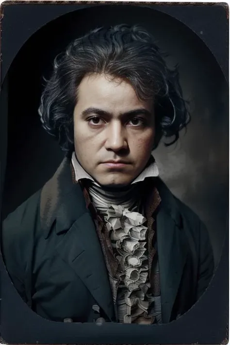 <lora:ludw1gvb33th0v3n_v1.0:0.9>, <lora:lowra_v10:1>, a ((vintage old Daguerreotype picture:1.1)) of a man with a messy hair style, wearing 1801 suit, a character portrait by Louis Daguerre , American romanticism, ambrotype, tintype photograph, calotype, damaged, (scratches), ((sepia tones)),