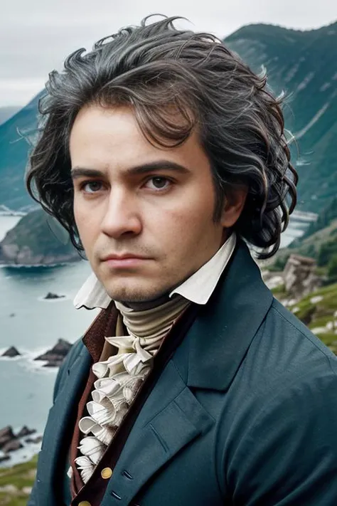 <lora:ludw1gvb33th0v3n_v1.0:0.7>, a realistic photo of a man with a messy hair style, wearing 1801 suit, detailed face, perfect eyes, (highly detailed skin:1.1), 8k, intricate, Soft lighting, Dramatic Sunrise,  standing on top of a rocky cliff with a beautiful scenic mountain landscape surrounding, volumetric fog, RAW, analog style, sharp focus, 8k, DSLR, high quality, Fujifilm XT3, grain, award winning, masterpiece,