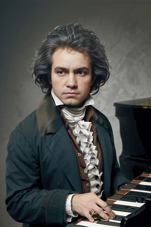 <lora:ludw1gvb33th0v3n_v1.0:0.8>, a realistic photo of a man with a messy hair style, wearing 1801 suit, ((playing a grand piano)), detailed face, perfect eyes, (highly detailed skin:1.1), 8k, intricate, Soft lighting, Dramatic Sunrise, standing in a country field, volumetric fog, RAW, analog style, sharp focus, 8k, DSLR, high quality, Fujifilm XT3, grain, award winning, masterpiece,
