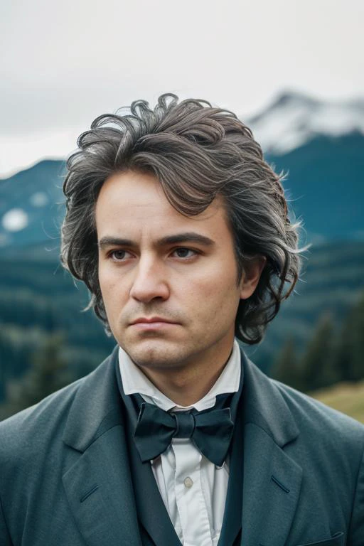<lora:ludw1gvb33th0v3n_v1.0:0.7>, a full body portrait of a man with a messy hair style, dressed in a tuxedo, Detailed face, (perfect eyes), (highly detailed skin:1.1), (detailed hands and fingers), Professional Photography, Soft Lighting, Realistic, Sunset, ((standing on top of Bavarian Mountain)), blurred background, cinematic, RAW, analog, Volumetric fog, sharp focus, 8k, high resolution, high quality, Fujifilm XT3, film grain, award winning