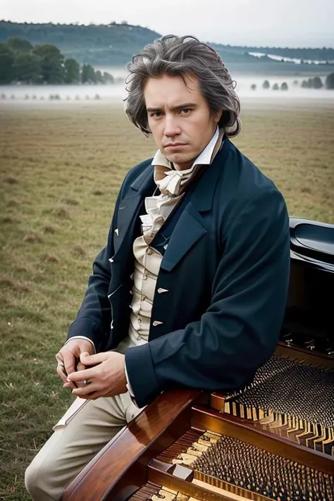 <lora:ludw1gvb33th0v3n_v1.0:0.7>, a realistic photo of a man with a messy hair style, wearing 1801 suit, ((playing a grand piano)), detailed face, perfect eyes, (highly detailed skin:1.1), 8k, intricate, Soft lighting, Dramatic Sunrise, standing in a country field, volumetric fog, RAW, analog style, sharp focus, 8k, DSLR, high quality, Fujifilm XT3, grain, award winning, masterpiece,