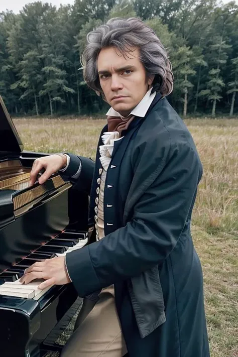 <lora:ludw1gvb33th0v3n_v1.0:0.8>, a realistic photo of a man with a messy hair style, wearing 1801 suit, ((playing a grand piano)), detailed face, perfect eyes, (highly detailed skin:1.1), 8k, intricate, Soft lighting, Dramatic Sunrise, standing in a country field, volumetric fog, RAW, analog style, sharp focus, 8k, DSLR, high quality, Fujifilm XT3, grain, award winning, masterpiece,