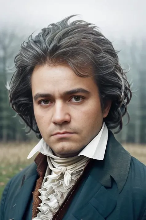<lora:ludw1gvb33th0v3n_v1.0:0.8>, a realistic photo of a man with a messy hair style, wearing 1801 suit, ((playing a grand piano)), detailed face, perfect eyes, (highly detailed skin:1.1), 8k, intricate, Soft lighting, Dramatic Sunrise, standing in a country field, volumetric fog, RAW, analog style, sharp focus, 8k, DSLR, high quality, Fujifilm XT3, grain, award winning, masterpiece,