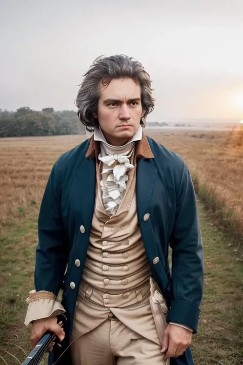 <lora:ludw1gvb33th0v3n_v1.0:0.7>, a realistic photo of a man with a messy hair style, wearing 1801 suit, ((Holding a electric guitar)), detailed face, perfect eyes, (highly detailed skin:1.1), 8k, intricate, Soft lighting, Dramatic Sunrise,  standing in a country field, volumetric fog, RAW, analog style, sharp focus, 8k, DSLR, high quality, Fujifilm XT3, grain, award winning, masterpiece,