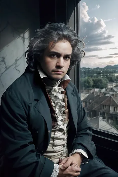 <lora:ludw1gvb33th0v3n_v1.0:0.8>, a photo of a man with a messy hair style, wearing a 1801 suit, sitting on a bed, window, curtains waving, Dramatic Sunrise sky outside the window, (8K, best quality:1.2), (masterpiece:1.37), (photorealistic:1.2), (ultra realistic:1.2), (ultrahigh-res:1.1), (high contrast:1.1), (intense:1.1), (detailed:1.1), (perfect body:1.1), (dynamic pose:1.1), (highest quality, Alessandro Casagrande, Greg Rutkowski, Sally Mann, concept art, 4k), (analog:1.2), (high sharpness), real shadow, 3d, (by Michelangelo), photographed by Canon EOS R6, 135mm, 1/1250s, f/2.8, ISO 400