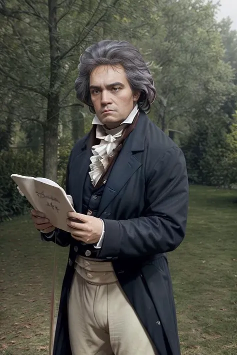 <lora:ludw1gvb33th0v3n_v1.0:0.8>, a photo of a Beethoven man with a messy hair style, wearing a 1801 suit, standing in a palace garden holding a violin, detailed face, perfect eyes, (highly detailed skin:1.1), 8k, intricate, dynamic dramatic dark moody lighting, shadows, trending on artstation, concept art, octane render, 8k, award winning, masterpiece,