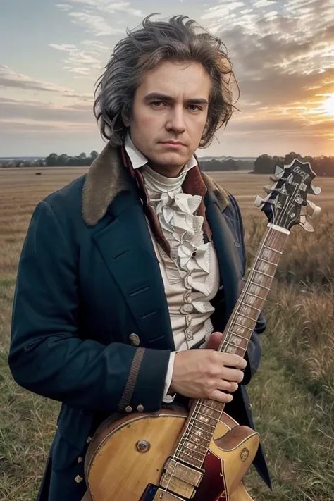 <lora:ludw1gvb33th0v3n_v1.0:0.7>, a realistic photo of a man with a messy hair style, wearing 1801 suit, ((Holding a electric guitar)), detailed face, perfect eyes, (highly detailed skin:1.1), 8k, intricate, Soft lighting, Dramatic Sunrise,  standing in a country field, volumetric fog, RAW, analog style, sharp focus, 8k, DSLR, high quality, Fujifilm XT3, grain, award winning, masterpiece,