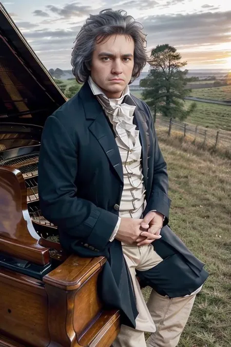 <lora:ludw1gvb33th0v3n_v1.0:0.8>, a realistic photo of a man with a messy hair style, wearing 1801 suit, ((playing a grand piano)), detailed face, perfect eyes, (highly detailed skin:1.1), 8k, intricate, Soft lighting, Dramatic Sunrise, standing in a country field, volumetric fog, RAW, analog style, sharp focus, 8k, DSLR, high quality, Fujifilm XT3, grain, award winning, masterpiece,