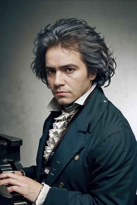 <lora:ludw1gvb33th0v3n_v1.0:0.7>, a realistic photo of a man with a messy hair style, wearing 1801 suit, ((playing a grand piano)), detailed face, perfect eyes, (highly detailed skin:1.1), 8k, intricate, Soft lighting, Dramatic Sunrise,  standing in a country field, volumetric fog, RAW, analog style, sharp focus, 8k, DSLR, high quality, Fujifilm XT3, grain, award winning, masterpiece,