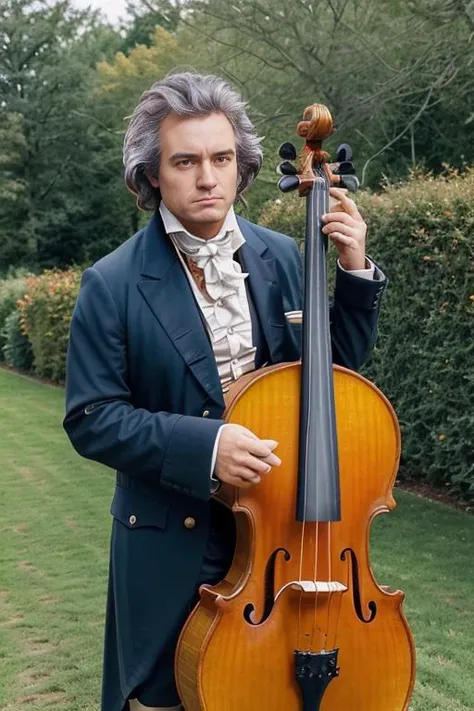 <lora:ludw1gvb33th0v3n_v1.0:0.7>, a realistic photo of a man with a messy hair style, wearing a 1801 suit, standing in a garden holding a classic big Cello, detailed face, perfect eyes, (highly detailed skin:1.1), 8k, intricate, Soft lighting, Sunny, RAW, analog style, sharp focus, 8k, DSLR, high quality, Fujifilm XT3, grain, award winning, masterpiece,