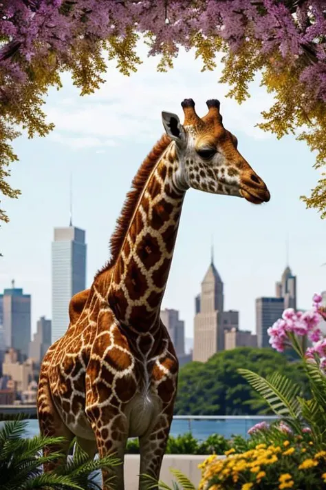 hd, 8k, masterpiece, solo focus, award winning photo of A giraffe king ruling the world, new york backgound, intricste details, vibrant colors, style-sylvamagic, no_humans,scenery