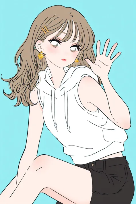 (best quality, masterpiece, highres),1girl,wavy hair,centre parting bangs,hairpin,earrings,micro_shorts,sleeveless_hoodie,waving,
<lora:fashion illustration_v1:1>,