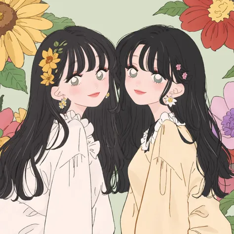 (best quality, masterpiece, highres),2girls,wavy hair,centre parting bangs,smile,homewear,hairpin,earrings,flower,flower background,
<lora:fashion illustration_v1:1>,