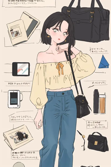 (best quality, masterpiece, highres),2girl,solo,pants,off shoulder,shoulder bag,infographic,
<lora:fashion illustration_v1:1>,