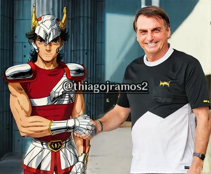 two men shaking hands in front of a building,day,smile,anime style,saint seiya,s3iy4p3g45u5,<lora:s3iy4p3g45u5-animev1armor:0.8>,photo of jair bolsonaro,bolsonaro,black t-shirt,<lora:bolsonaro_v1_sd15:0.8>