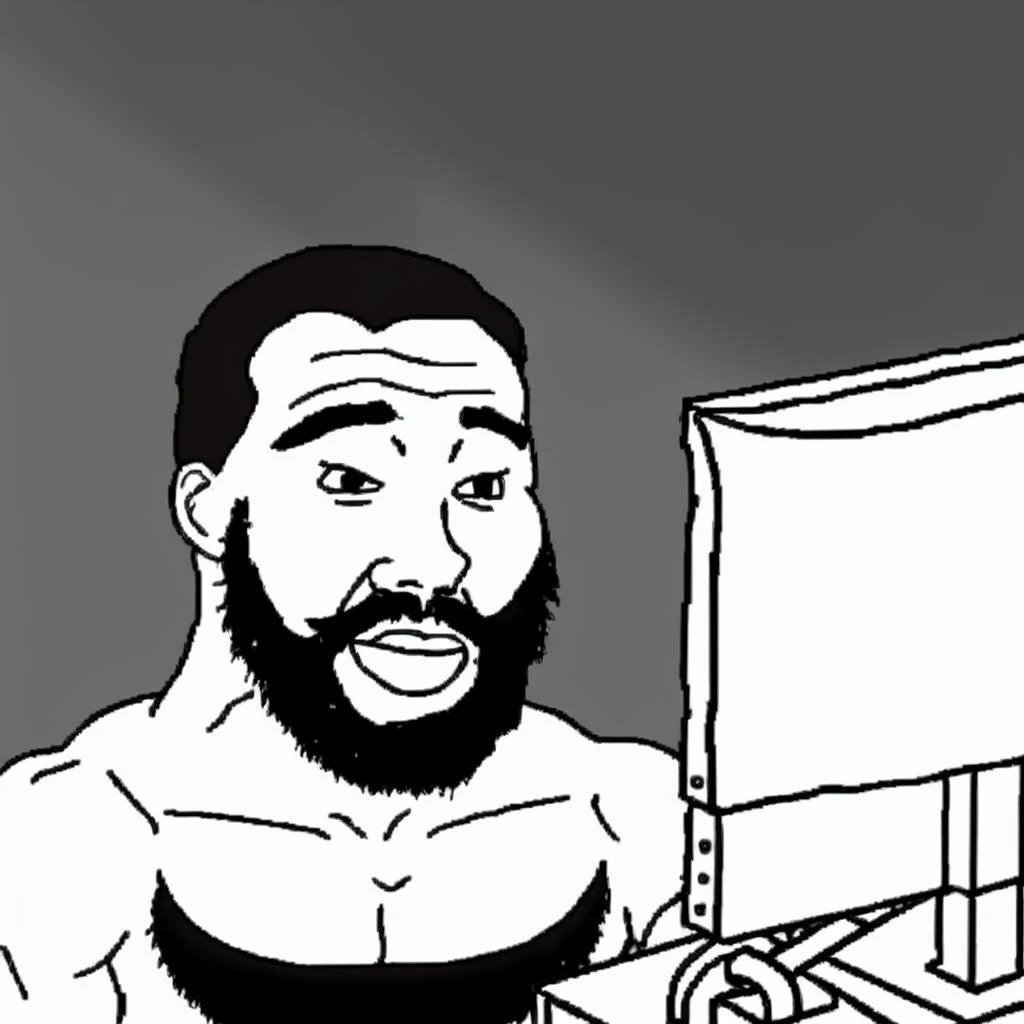 ernest khalimov, black and white photograph, bodybuilder, trimmed beard, man at computer<lora:ernest-khalimov_lora:1>