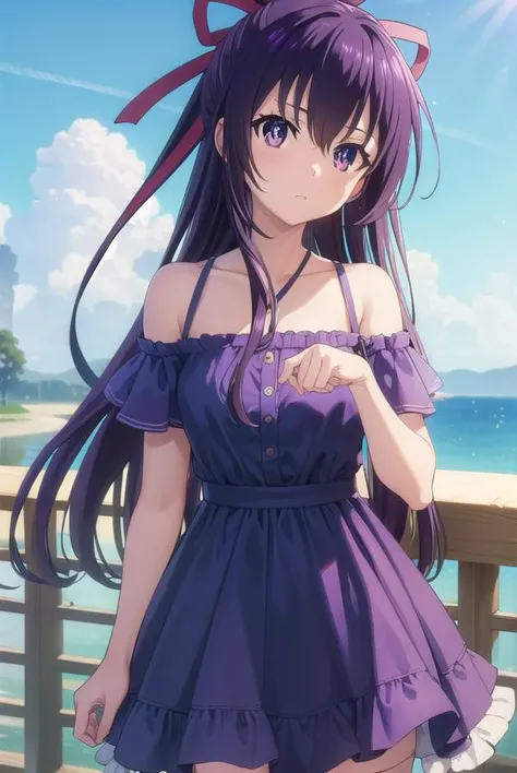 tohkayatogami, <lora:tohka yatogami s2-lora-nochekaiser:1>,
tohka yatogami casual, long hair, purple hair, dress, ribbon, bare shoulders, (purple eyes:1.1), hair ribbon, ponytail, purple hair, white ribbon, off shoulder, bra strap, frills, dress, (blue dress:1.2),
BREAK ,
BREAK outdoors, city, people, crowd, sky, clouds, sun, blue sky,
BREAK looking at viewer, (cowboy shot:1.5),
BREAK <lyco:GoodHands-beta2:1>, (masterpiece:1.2), best quality, high resolution, unity 8k wallpaper, (illustration:0.8), (beautiful detailed eyes:1.6), extremely detailed face, perfect lighting, extremely detailed CG, (perfect hands, perfect anatomy),