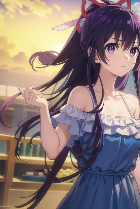 tohkayatogami, <lora:tohka yatogami s2-lora-nochekaiser:1>,
tohka yatogami casual, long hair, purple hair, dress, ribbon, bare shoulders, (purple eyes:1.1), hair ribbon, ponytail, purple hair, white ribbon, off shoulder, bra strap, frills, dress, (blue dress:1.2),
BREAK ,
BREAK outdoors, city, people, crowd, sky, clouds, sun, blue sky,
BREAK looking at viewer, (cowboy shot:1.5),
BREAK <lyco:GoodHands-beta2:1>, (masterpiece:1.2), best quality, high resolution, unity 8k wallpaper, (illustration:0.8), (beautiful detailed eyes:1.6), extremely detailed face, perfect lighting, extremely detailed CG, (perfect hands, perfect anatomy),