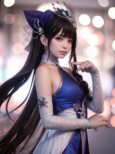 masterpiece,Highest quality,High resolution,Super detailed,Akari,blue eyes,Long Hair,Ahoge,bangs,Twin Blade,hair ornaments,A slight blush, Chinese Cheongsam, Bright and fine black hole accretion disk,
Big Breasts