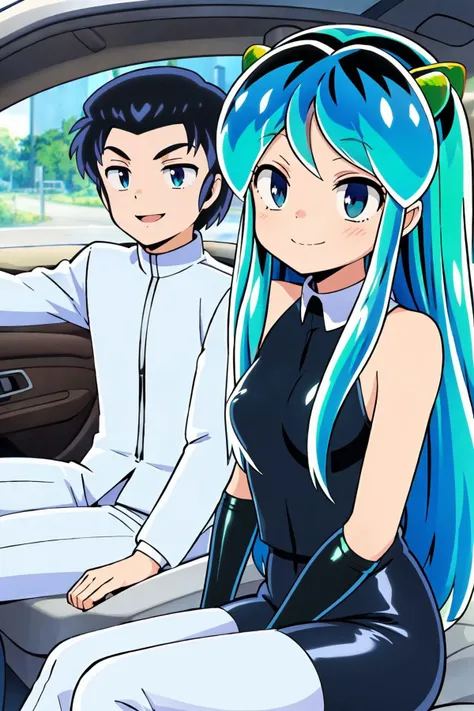 (masterpiece),couple BREAK
1 boy driving a car,SHUTAROMENDOU, <lora:ShutaroMendou001:0.8>, smile,white jacket, white pants, BREAK
lum,1 girl, long hairs, blue eyes, green hairs, horns, smile,black latex uniform ,small breasts