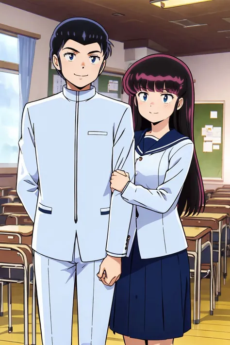(masterpiece),couple BREAK
1 boy standing,SHUTAROMENDOU, <lora:ShutaroMendou001:0.8>, smile,school uniform,white jacket, white pants, BREAK
RyokoMendou,1girl,BRITISH school uniform