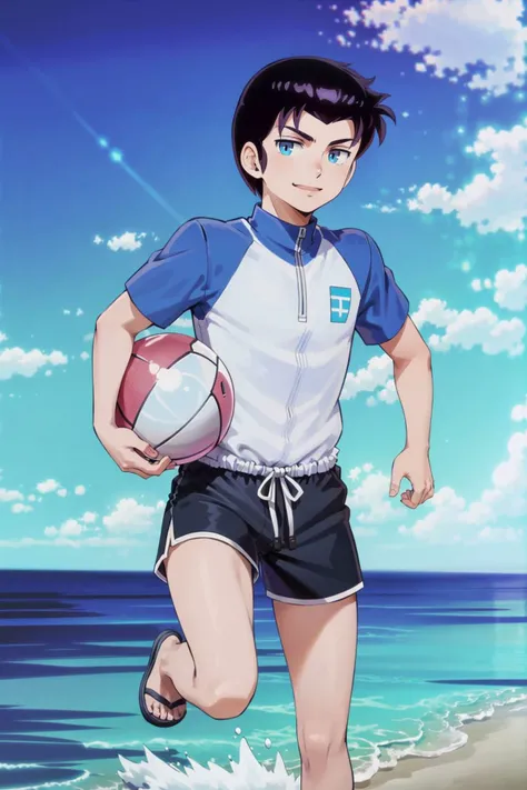 masterpiece,high quality,solo,<lora:Mendo001:0.8>,13 years old,looking at viewer,Mendo,1boy,short hair,black hair,blue eyes,shirtless,shorts,ocean,smile,running, ball