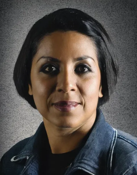 Photo of a 31 y.o Mexican woman, early thirties age,worn skin,very short hair,black hair,denim jacket,upper body,front shot,portrait,official portrait,simple background,in studio