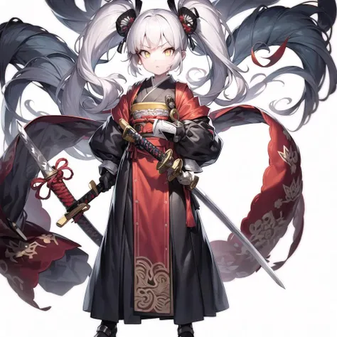 (white background:1.4),standing, 1girl, samurai, white hair, twintail, yellow eye, sword, full body, wide shot, 2dsprite assets,katana , battle-ready