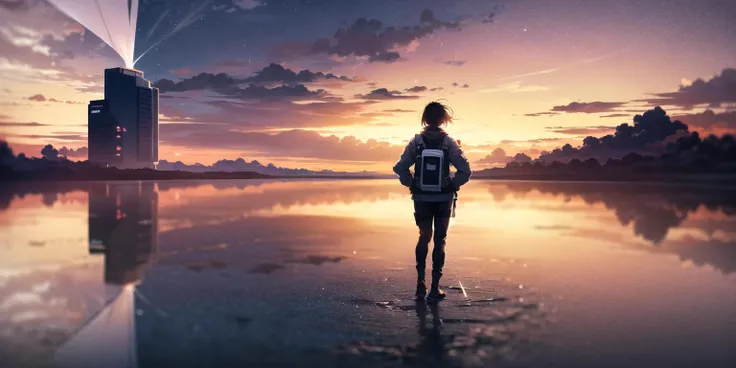 masterpiece,best quality,depth of field,full body,1girl,solo,(very wide shot:1.6),(from behind:1.2),spacesuit,cargo pants
,moon,earth,satellite,reflection,futuristic sci-fi style, fantasy style,
(1girl) was wearing a spacesuit, standing on the (moon), feeling the low gravity and (silence). In front of her was a (gray-white soil) and (craters), behind her was a huge black (satellite). She turned around and saw the distant (earth), that blue-green (planet), sparkling with clouds and light. She wondered if people on earth could see her, if they knew she was here. She felt both lonely and free, both insignificant and great.