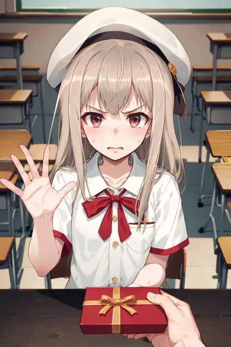 valentine, pov, gift box, <lora:illyasviel_von_einzbern_(fate_kaleid_liner)_v1:0.8> aaillya, long hair, beret, white headwear, small breasts, school uniform, neck ribbon, white shirt, collared shirt, short sleeves, waving, rejecting, sweat, classroom, <lora:40hara_v1:0.9> 40hara, disgust face, shaded face, anime screencap, masterpiece, best quality, highres, <lora:GoodHands-vanilla:1> nice hands, perfect hands