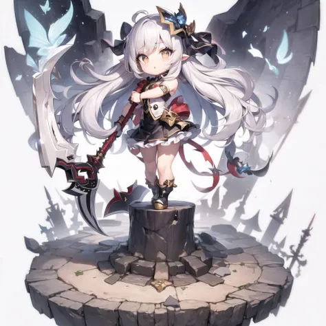 [(white background:1.4)::5],(chibi:1.3),pedestal,platform, 1girl, white hair, weapon, axe, battle sprite