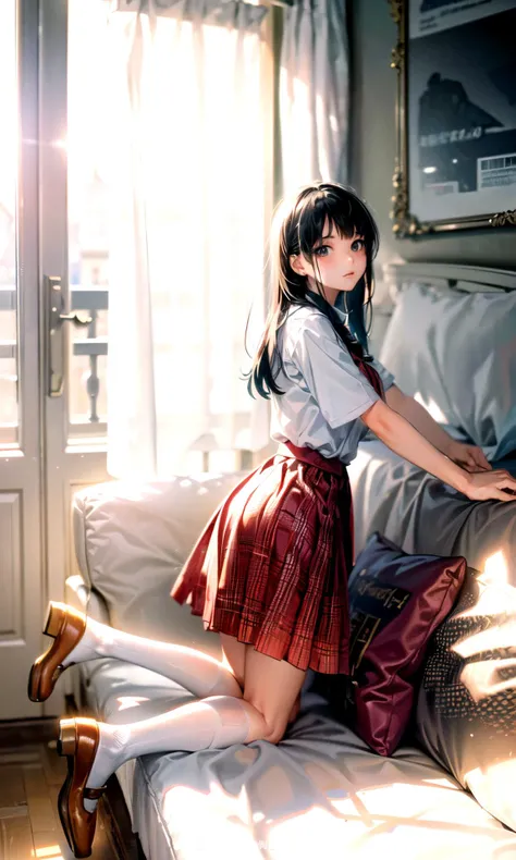 masterpiece, best quality, ultra-detailed, illustration, 1girl, solo, bokeh, Depth of field, Cinematic Light, Lens Flare, soft light, ray tracing, <lora:add_detail:0.6>, <lora:epi_noiseoffset2:1>, long hair, school uniform, skirt with checker pattern, <lora:FilmVelvia2:0.6>,