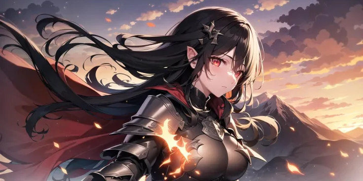 A woman in a black dress holding a sword and a red cape - SeaArt AI