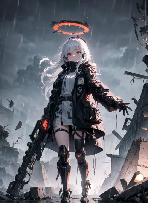 masterpiece, best quality, 1girl, red eyes, white hair, mechanical legs, raincoat, black gloves, black coat, raining, sky, ruins, rifle, headset, rubble, android, long hair, halo,