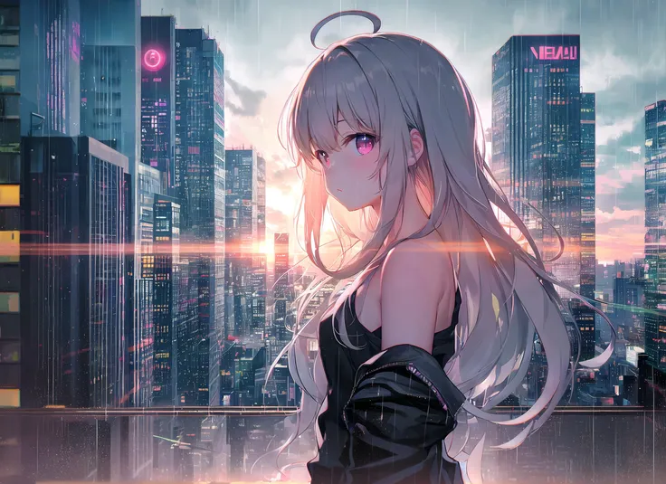 highres, cute, ahoge, bokeh, sunset, cloudy, city, street, urban, city lights, neon lights, metropolis, traffic, skyscrapers, street, cyberpunk, science fiction, 1girl, solo, from side, face focus, facial,  sidelocks, eyes in shadow, bokeh, dimly lit, round lighting, dark ambient, bloom, light rays, light particles, raining, chromatic aberration, looking at viewer, expressionless,