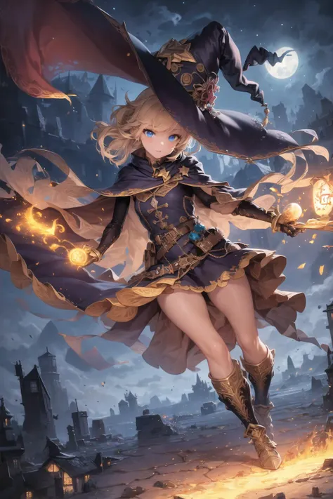 masterpiece, best quality, detailed, 1girl, solo, fantasy, night sky, outdoors, magic, spells, moon, stars, clouds, wind, hair, cape, hat, boots, glowing, playful, skill, witch, magical, fantasy, perspective, fire spell, blue eyes, blonde,