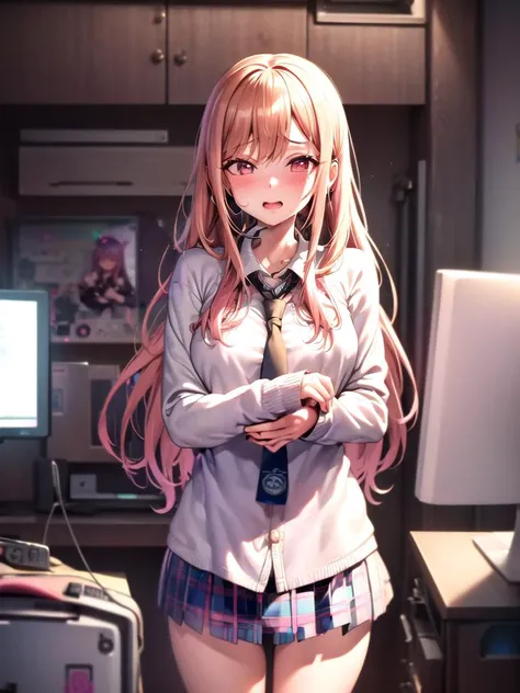 (1girl), monitor, messy room, (videogames:1.2), controller, , technology, nerd, intricate details, high res, (masterpiece), extreme high detailed background, high quality, open mouth, (pink headset), fun face, big breasts, sweat, long hair,  corneo_marin_kitagawa